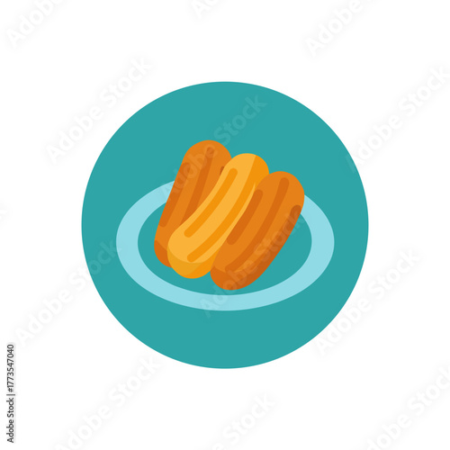 A vibrant flat design vector icon illustrating three golden-brown churros dessert sticks served on a small plate within a teal turquoise circle background element.
