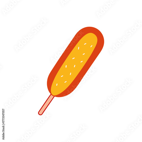 Simple flat design cartoon illustration of a deep-fried american corn dog street food snack, consisting of a sausage covered in thick cornmeal batter served on a stick.
