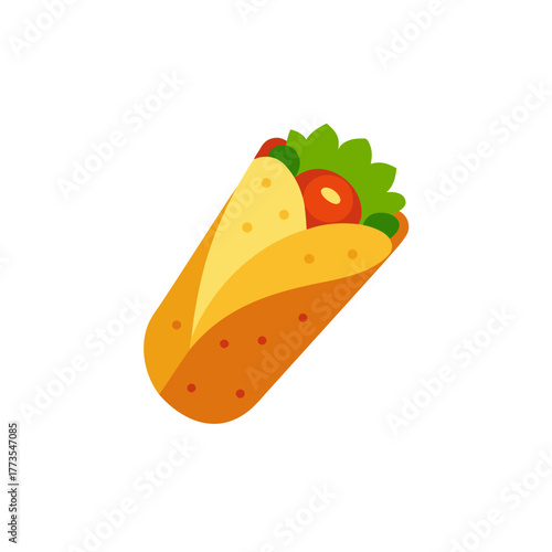 Stylized mexican food icon featuring a brightly colored taco or burrito wrapped in a golden tortilla with fresh lettuce and red tomato filling, isolated on white.