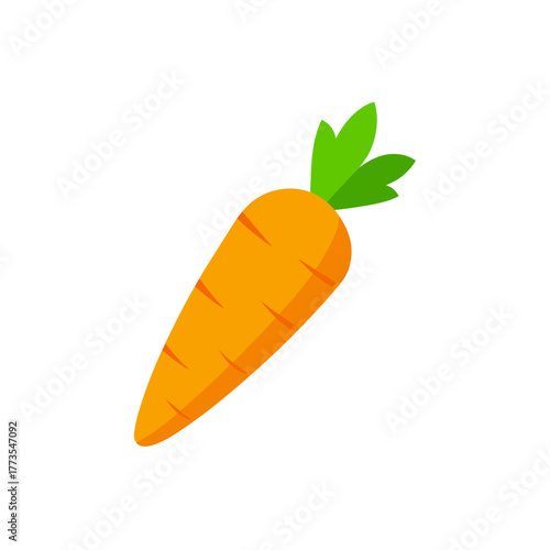Simple, bright orange cartoon vector illustration of a healthy garden carrot with vibrant green foliage, perfect for children's books, nutritional designs, and food themes.