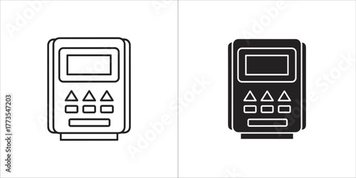 Two icons of a digital device with a screen and buttons, one outlined and one solid black