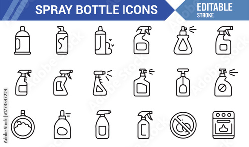 "Outline Spray Bottle Icon Collection – Editable Stroke Vector Set for Household Design"