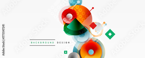 Abstract geometric shapes overlap, creating dynamic visual composition. Soft colors, gradients, lines define modern design elements.