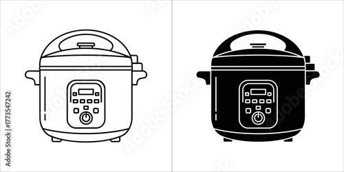 Black and white outline and silhouette icons of a modern electric pressure cooker