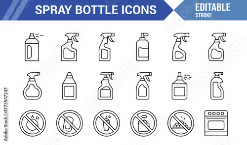 "Cleaning Spray Bottle Line Icons – Modern Vector Illustration for Hygiene and Sanitation"