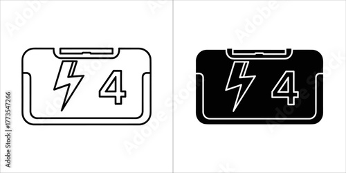 Black and white outline and silhouette icons of a battery charge indicator with lightning bolt and number 4