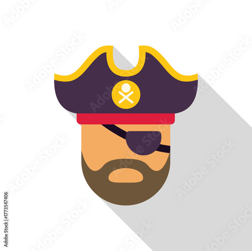 Flat design illustration of a tough pirate captain wearing a tricorn hat and eye patch