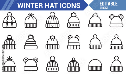 "Simple Line Art Winter Headwear Icons – Beanies, Knitted Caps, and Wool Hats"