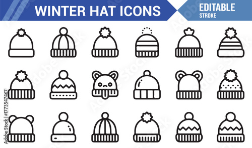 "Cozy Winter Hat Collection – Modern Outline Icons for Clothing and Design Use"