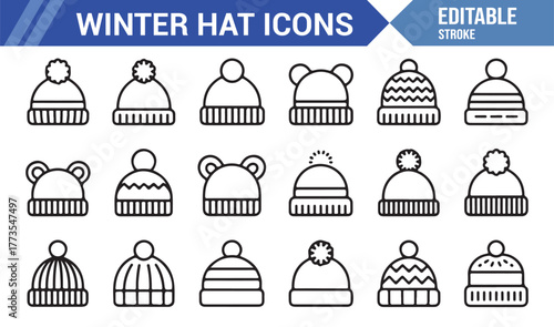 "Minimal Outline Icons of Winter Hats and Beanies – Editable Stroke Vector Pack"