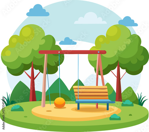 Empty playground scene. Kids amusement area landscape. Outdoor play ground in summer park with swings, seesaws, bench, trees and grass. Flat vector illustration isolated on white background