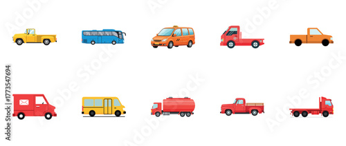 Colorful assortment of various vehicles on white background