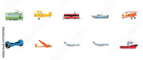 Colorful transportation vehicles: trams, planes, boats, and hoverboard display