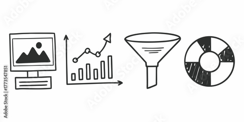 Drawn computer screen with mountain image, graph, funnel, and life preserver in black and white illustration on transparent background