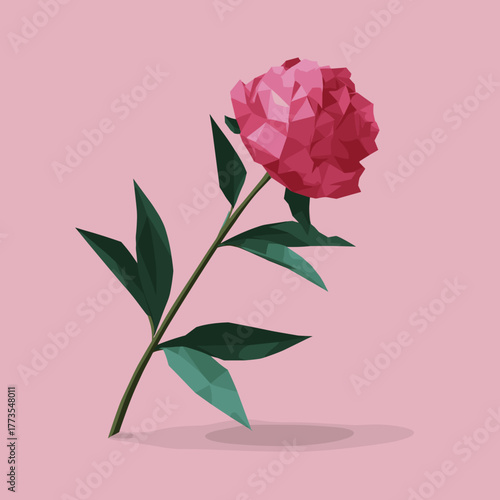 Low-poly pink peony flower illustration with geometric facets and green leaves on a solid pink background — modern digital art style