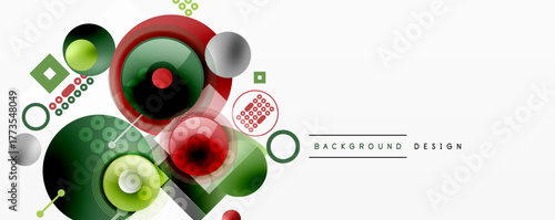 Abstract design features overlapping circles, squares, dots. Green, red hues dominate white background. Modern, dynamic composition.