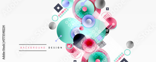 Abstract colorful design. Circles, squares, dots create modern background. Light hues dominate composition, offering visual interest.