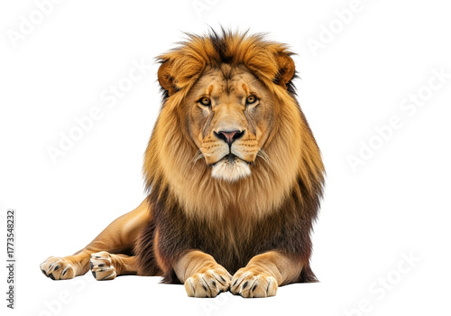 Majestic Adult Male Lion with Golden Brown Mane Lying Down, Facing Camera Frontally, a Symbol of Power and Wildlife, isolated on transparent background.