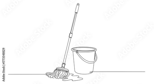 Mop and bucket with spilled water on a clean floor, continuous line vector illustration. Spring cleaning, cleaning services. Chores and household maintenance  