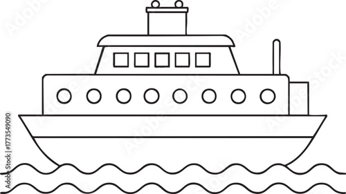 Ferry boat on wavy water outline illustration representing nautical adventure and transport