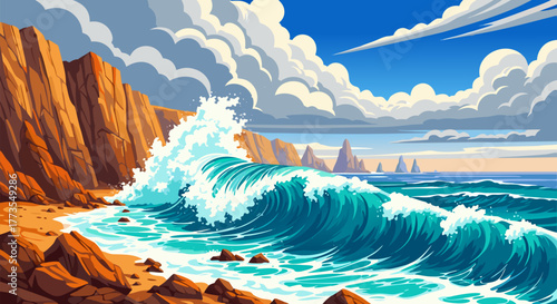 Vibrant stylized ocean illustration Powerful waves crashing on a sun-drenched beach, golden cliffs, dramatic blue sky, showcasing serene coastal beauty