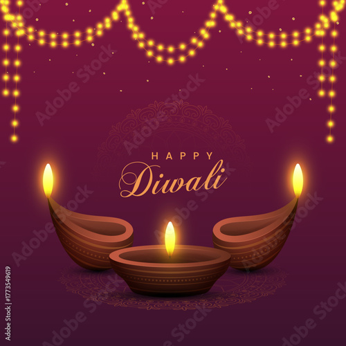 Happy Diwali with Three Glowing Diyas and Golden String Lights on a Rich Maroon Background