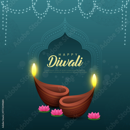 Happy Diwali Greeting with Two Glowing Diyas, Pink Lotus Flowers, and Decorative Arch on a Teal Background