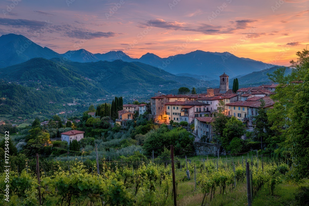 Fototapeta premium Barga Italy Sunset Landscape. Picturesque Italian Countryside Scene in Tuscany with Vineyard Views