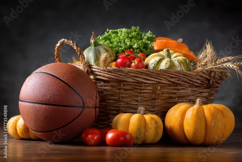 Basketball Pumpkin. Autumn Concept with Group of Pumpkins and Basketball