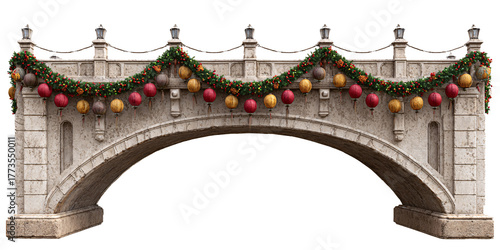 Stone bridge decorated with Christmas garland and lanterns, creating a festive holiday scene with traditional decorations and architectural detail