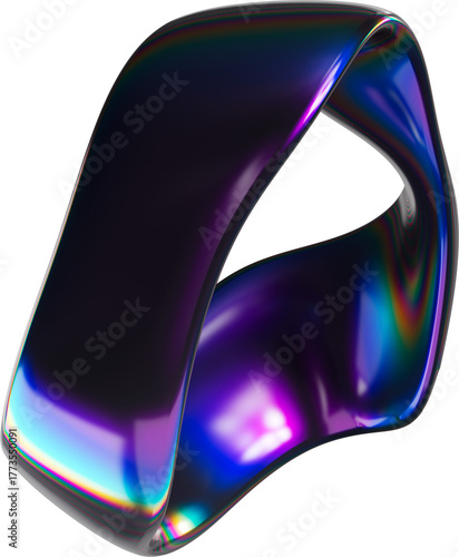 3d dark holographic liquid ribbon shape, purple iridescent chrome fluid abstract form isolated. Render of geometric metal illustration