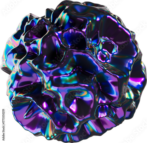 3d dark holographic liquid splash shape, purple iridescent chrome fluid abstract form isolated. Render of geometric metal illustration