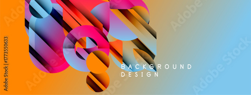 Abstract geometric shapes create vibrant background. Orange, blue, pink hues blend smoothly. Modern design element.