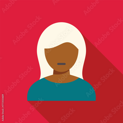 Flat design icon of a serious young woman with long white hair and teal shirt on red background
