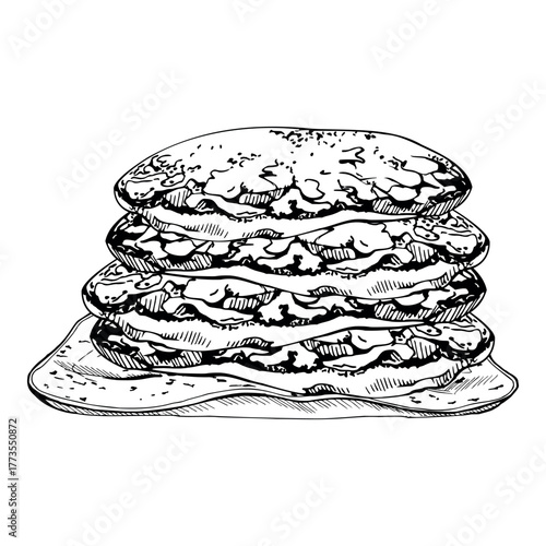 Stacked pancakes on raku clay dish, flapjacks and breakfast crepes. Isolated illustration hand drawn in vector ink. Patisserie labels, culinary printables, dessert sticker designs, cafe menu graphics.