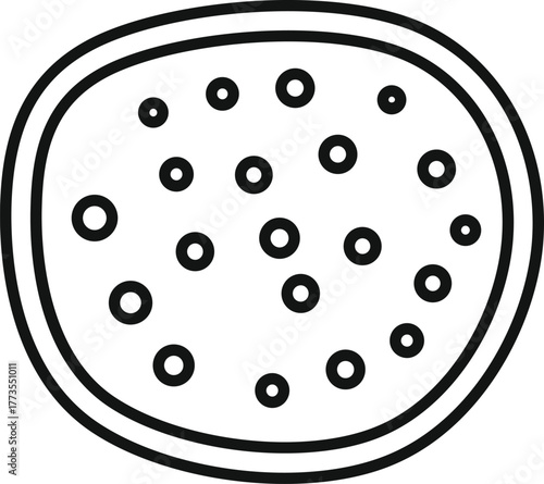 Simple line art icon of a round fruit with small circles, suggesting either seeds or air bubbles trapped within its flesh
