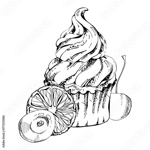 Baked citrus muffin in wrapper, cupcake with ripe cherry garnish, orange wedges, mousse swirl topping. Hand drawn in vector ink. Sweet shop displays, gourmet dessert branding, baking masterclass decor