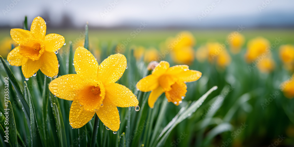 Obraz premium Bright Yellow Daffodils with Water Droplets in a Field at Dawn