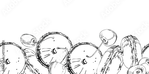 Macarons from top and side angles, mousse filled sandwich cakes with ripe cherries, hand drawn. Vector ink dessert for seamless repeat visuals, sweet strip borders, promotional banners, menu header.
