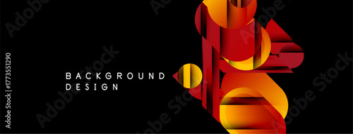 Abstract dynamic design. Red, orange, yellow gradients create layered shapes against black backdrop. Modern visual element.