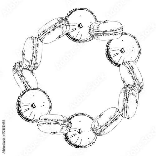 Circle arrangement of macarons, souffle cake sandwiches, mousse-filled whoopie pies. Isolated hand drawn vector ink wreath design. Dessert-themed menu borders, corner details, invitation tag frames.