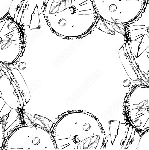 Stacked macarons, whoopie pies with mint sprigs, chocolate chips, candy ball dragees in vector ink. Hand drawn isolated illustration. Decorative label edging, citrus menu borders, recipe card art.