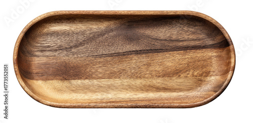 A smooth, elongated oval wooden dish with rich grain patterns