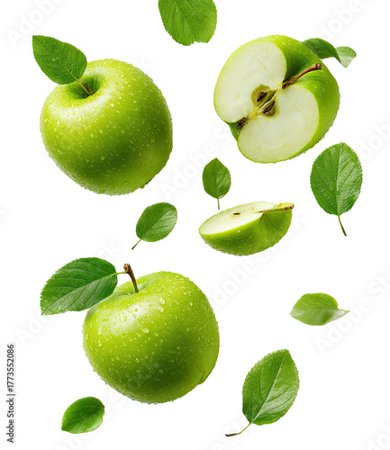 Bright green apples and leaves with water droplets, flying