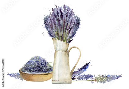 Fresh cut lavender in enamel jug, clay bowl of dry lavandula seeds, single flower stalks. Isolated illustration hand drawn in watercolor. Handmade aromatherapy relaxation products, rustic Provence