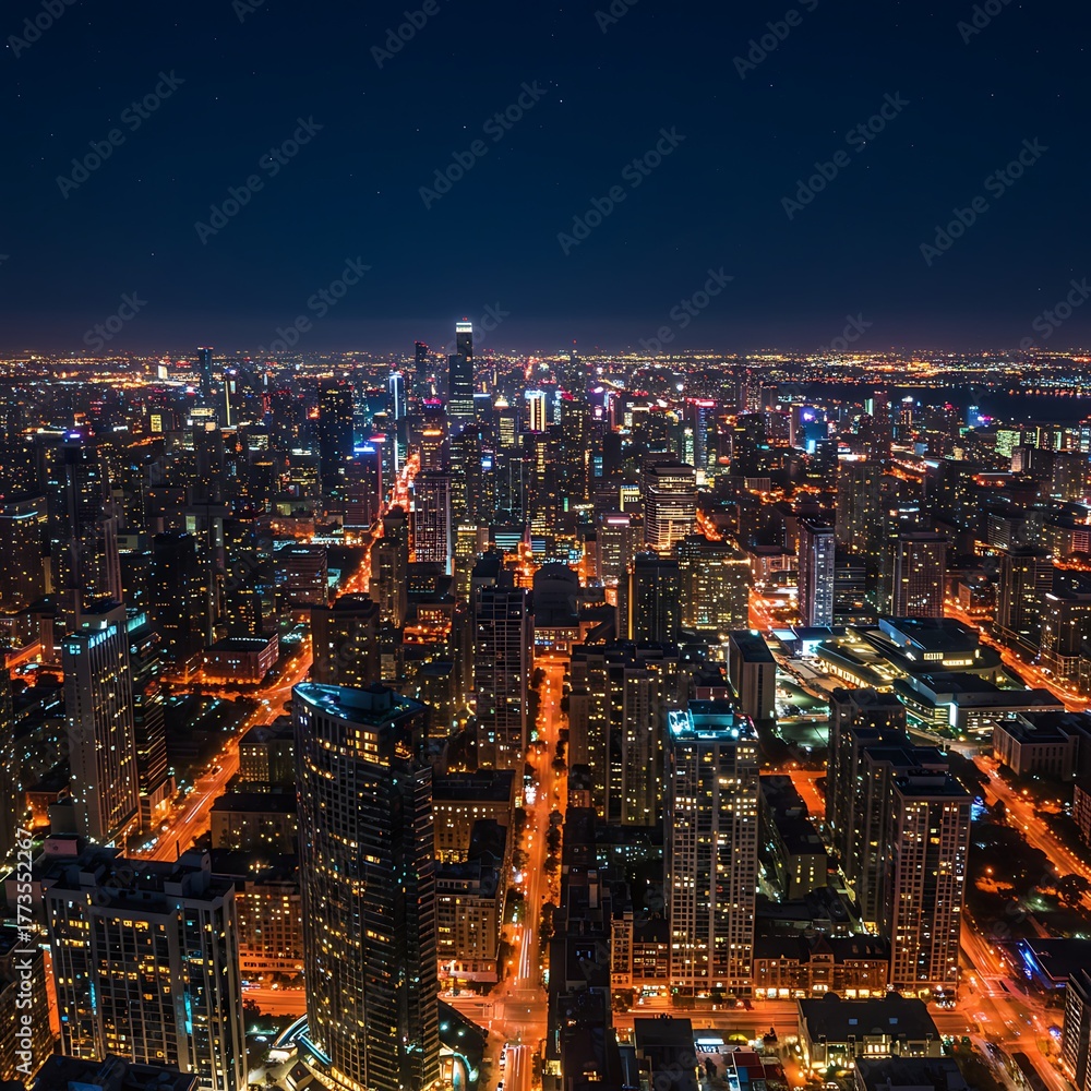 Obraz premium Stunning Aerial View of a Vibrant Cityscape at Night with Illuminated Buildings and Streets.