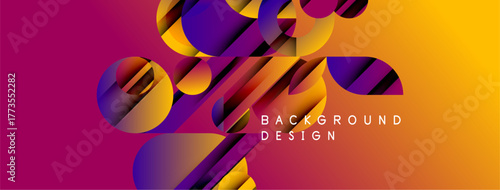 Abstract geometric shapes blend vibrant purple, orange hues. Dynamic composition creates modern background design. Smooth gradients add depth.