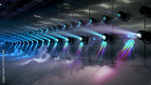 Dynamic stage lighting creates an atmospheric blue haze with vibrant beams cutting through fog, perfect for concert visuals.. Ai generative video