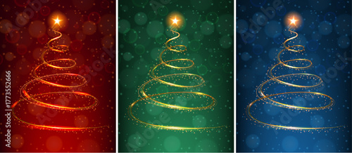 Three Sparkling Christmas Tree Spirals on Festive Red, Green, and Blue Backgrounds — Elegant Holiday Design for Greeting Cards, Winter Celebration, and Seasonal Decoration Art