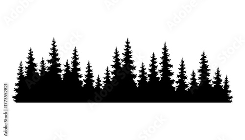 Fir trees silhouette. Coniferous spruce horizontal background pattern, black evergreen woods vector illustration. Beautiful hand drawn panorama of coniferous forest